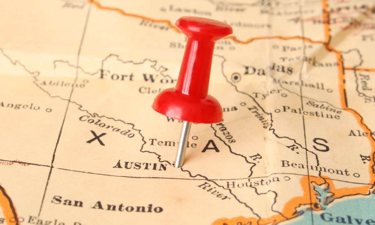 Pin in a map on Austin, Texas