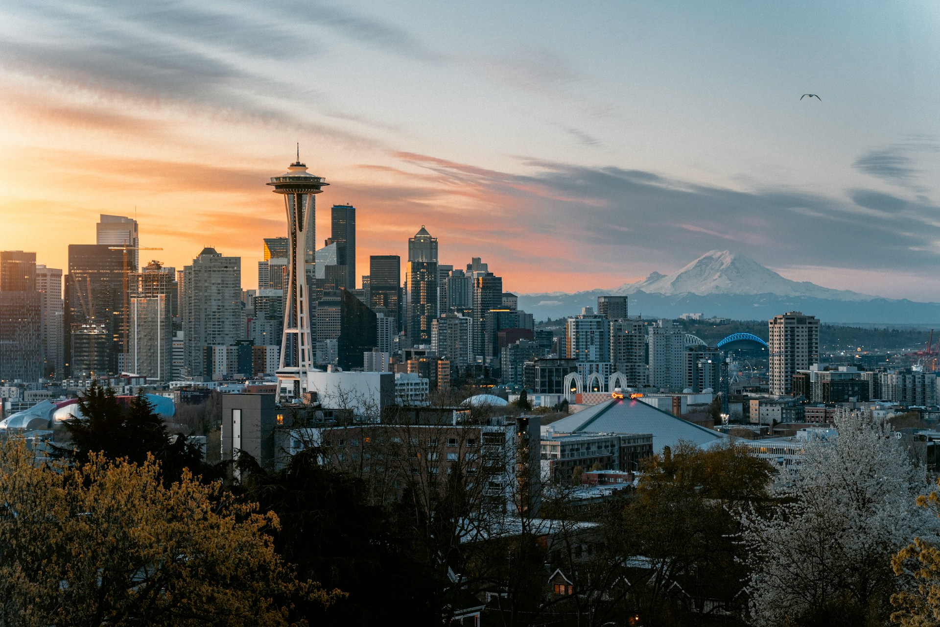 Broad view of Seattle with a mountain on the background