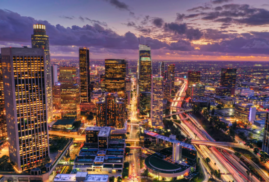 Skyline of Los Angeles at night.