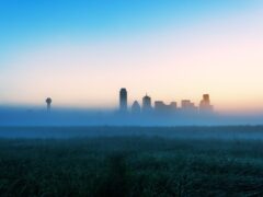 Foggy Sunrise in downtown Dallas from the trinity river