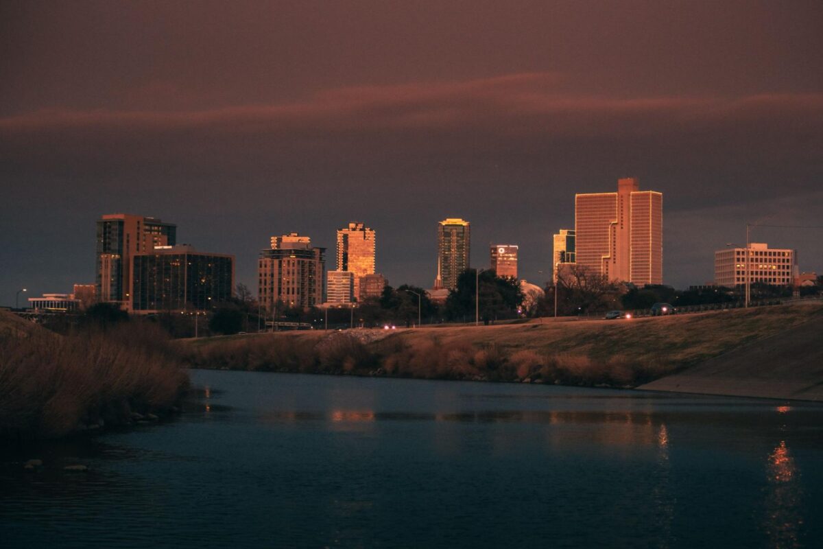 The sun setting over the skyline in Fort Worth, Texas.