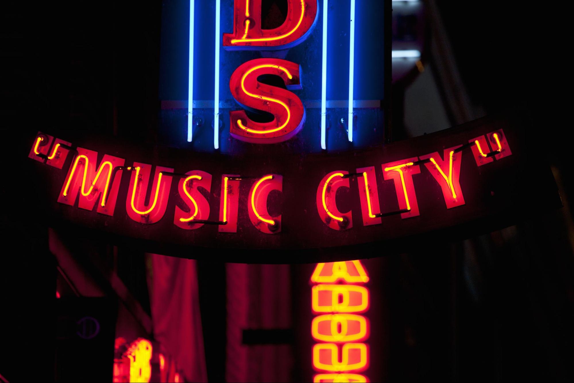 Neon sign in Nashville, Tennessee, saying “Music City.”