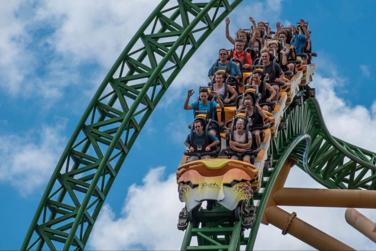 Tampa residents ride roller coaster at Busch Gardens.