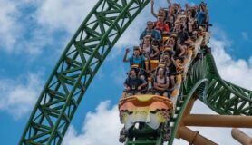 Tampa residents ride roller coaster at Busch Gardens.