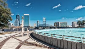 Jacksonville skyline and fountain in Florida.