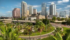 A bird’s-eye view of looking over the freeway and the Riverwalk in Downtown Tampa, Florida.