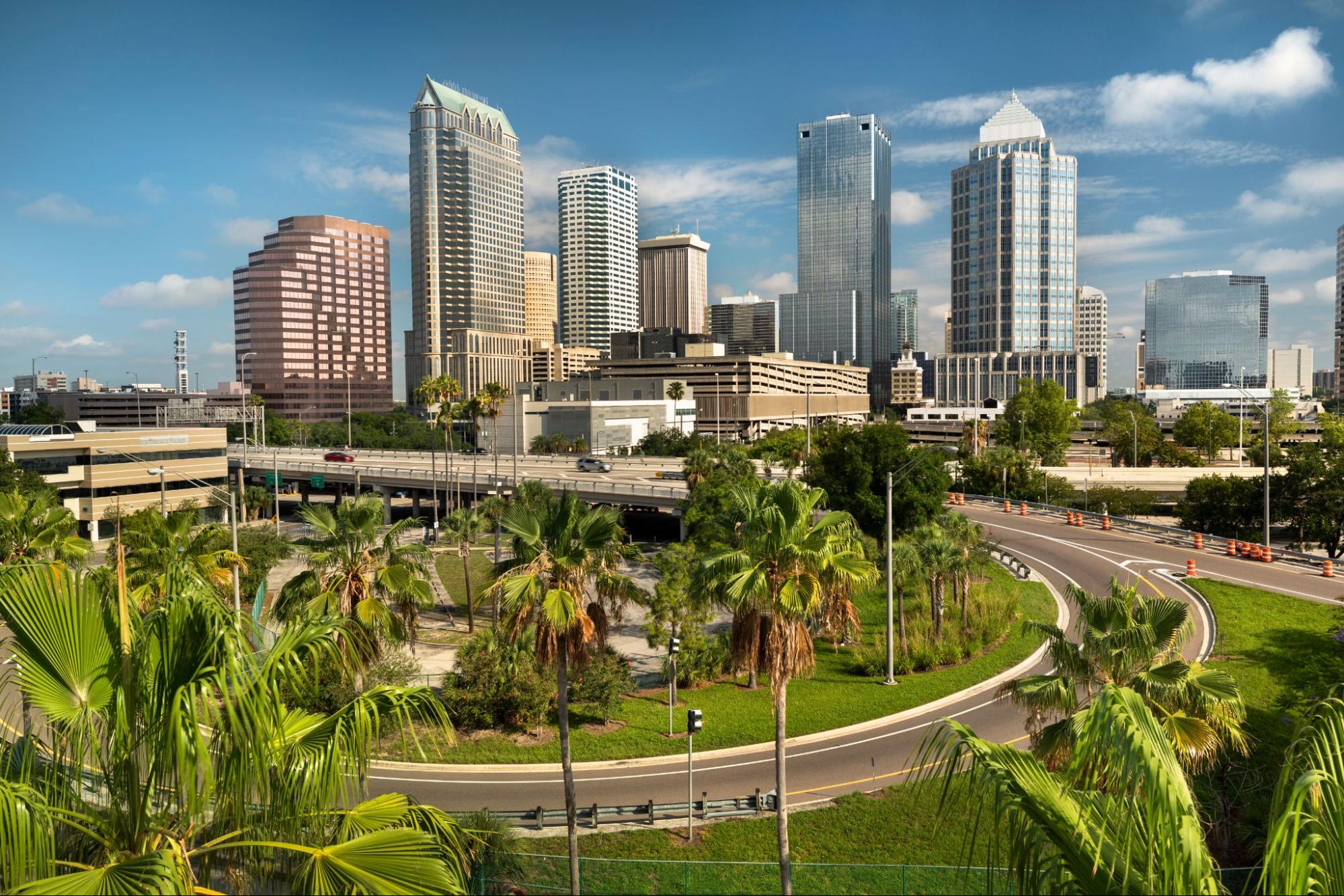 A bird’s-eye view of looking over the freeway and the Riverwalk in Downtown Tampa, Florida.