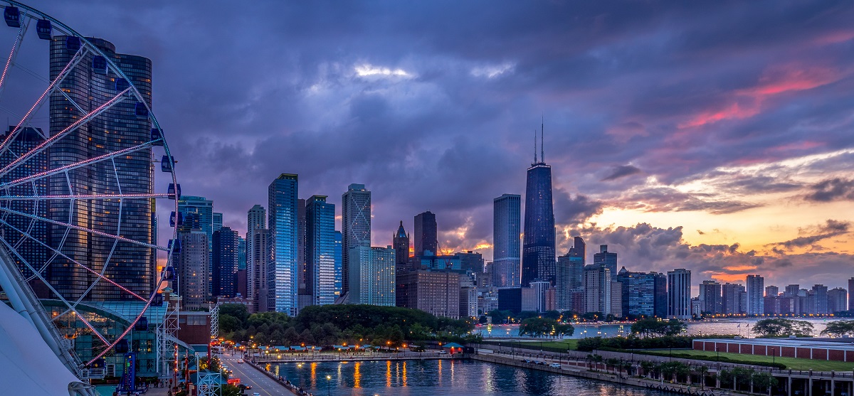 Chicago lakefront at sunset from Navy Pier