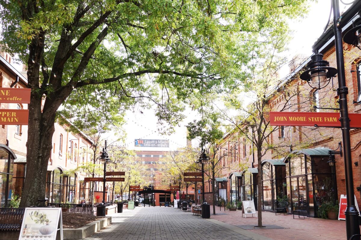 Brightleaf Square shopping center near downtown Durham, which includes restaurants and specialty retail shops in renovated tobacco warehouses.