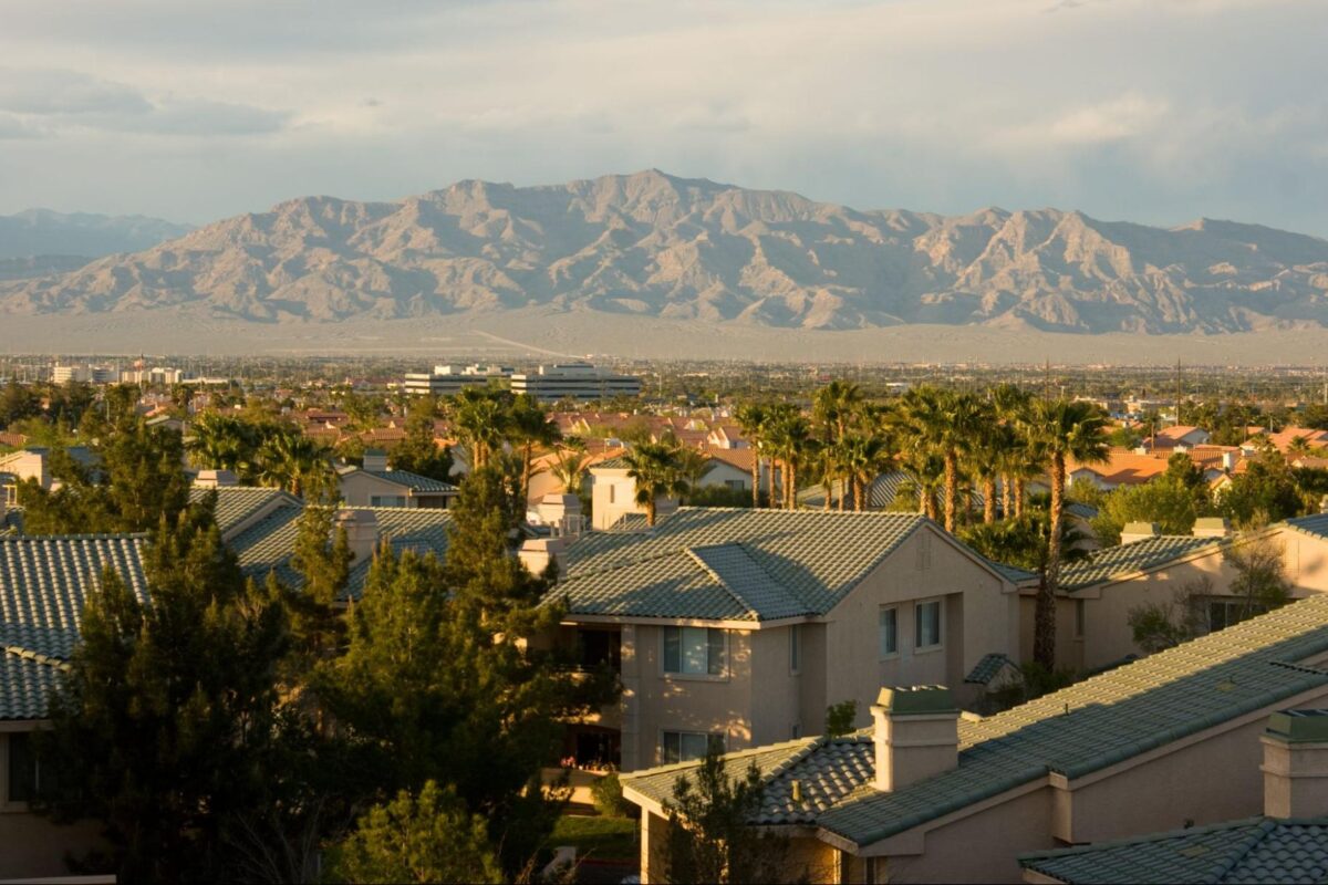 View of mountains and palm trees in Las Vegas, Nevada.