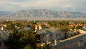 View of mountains and palm trees in Las Vegas, Nevada.