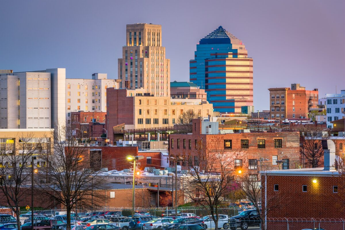 Downtown sunset in Durham, North Carolina.