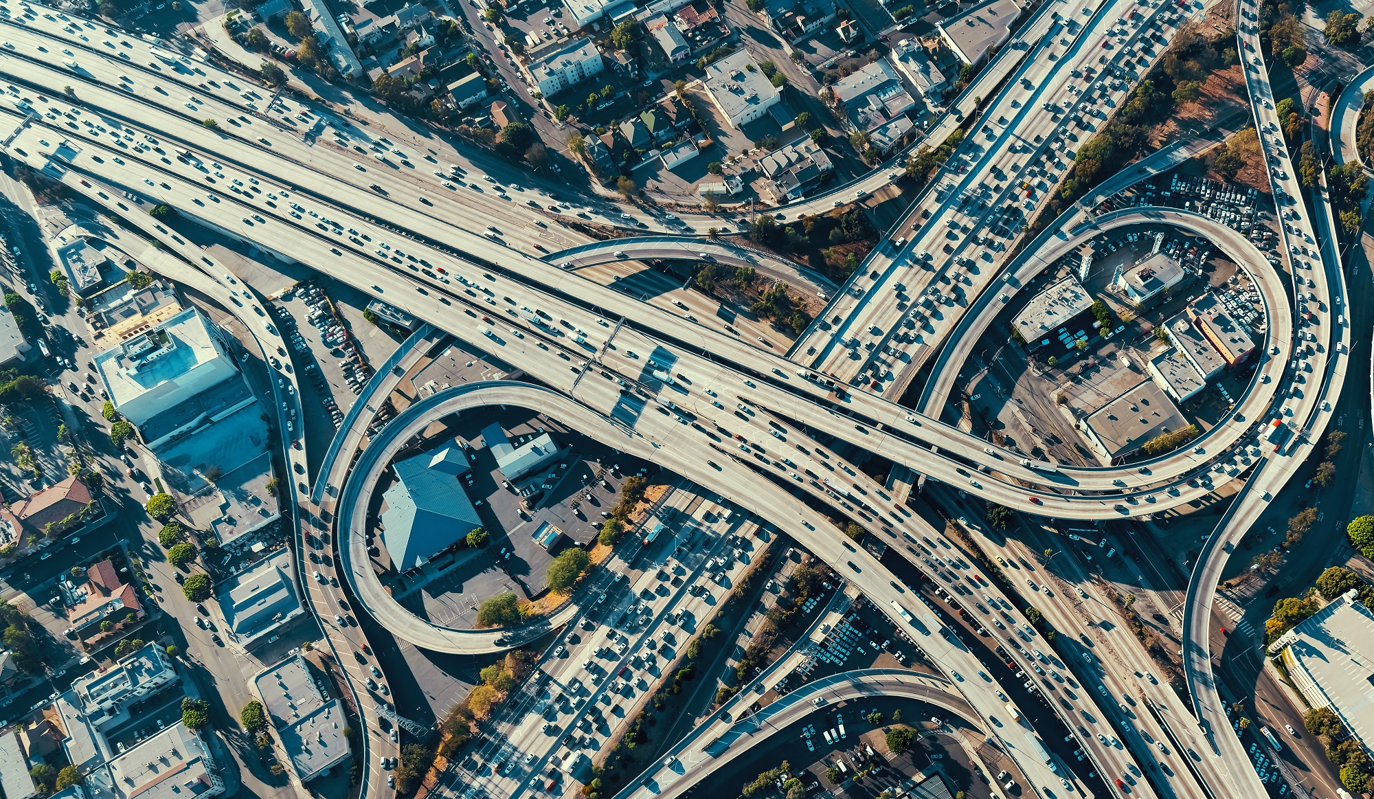 Aerial view of a massive highway intersection in Los Angeles, California.