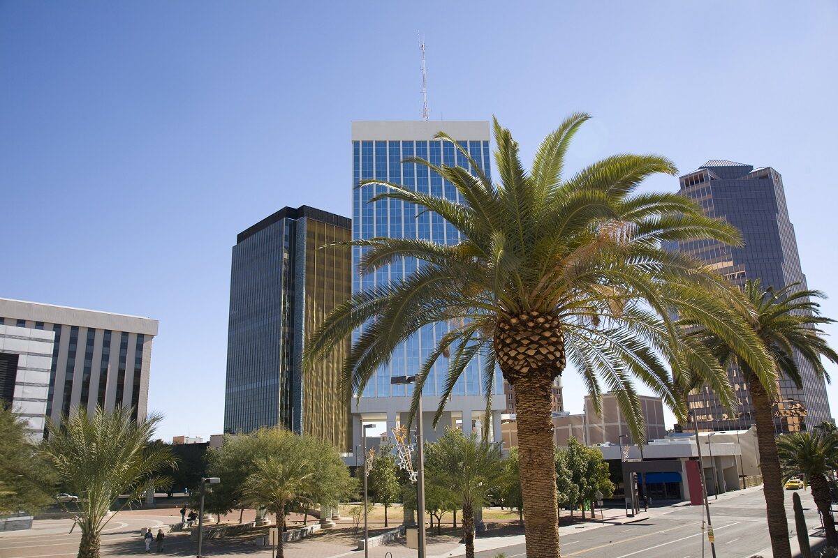 View of downtown Tucson, Arizona, including palm trees and high-rise buildings.