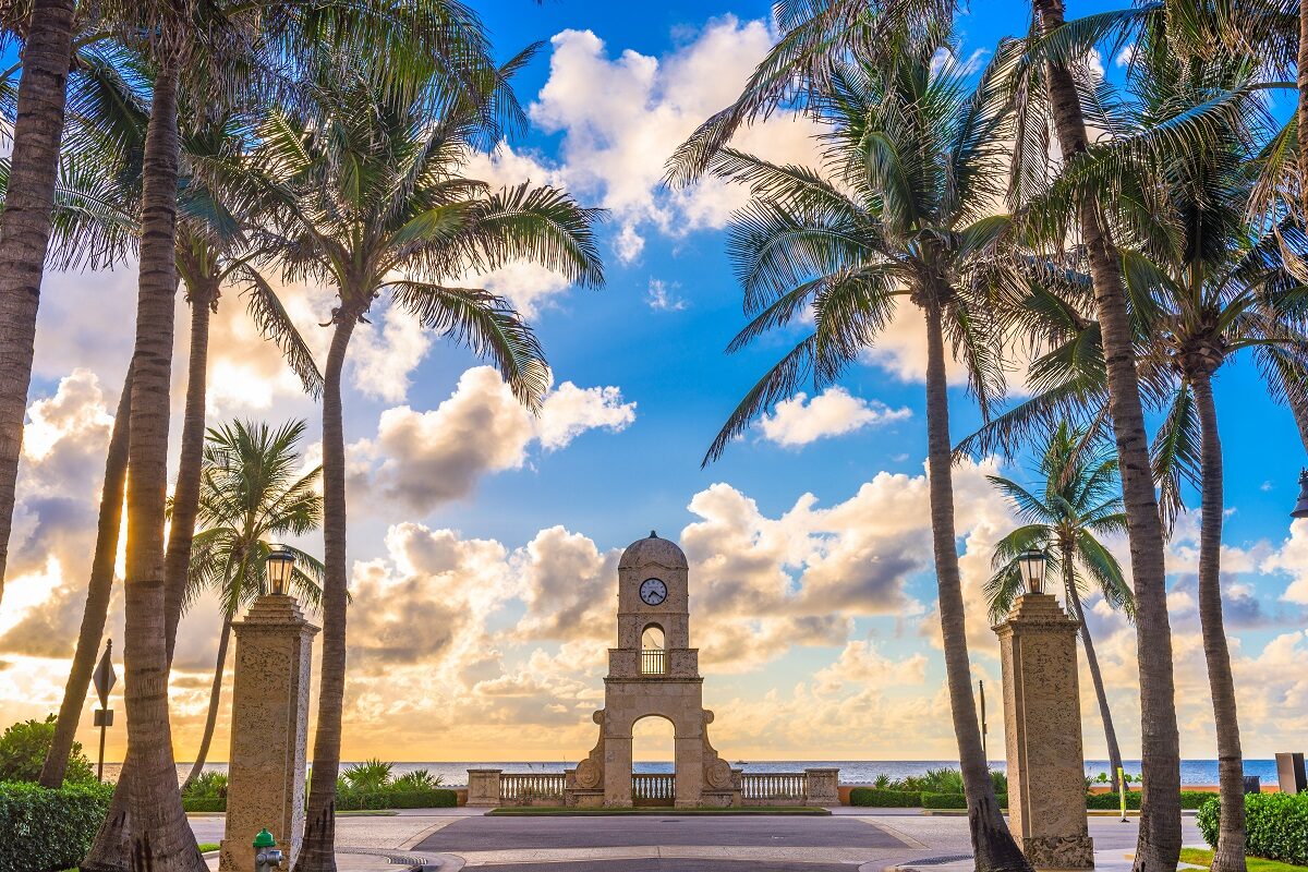 A clock tower on Worth Avenue in Palm Beach, Florida.