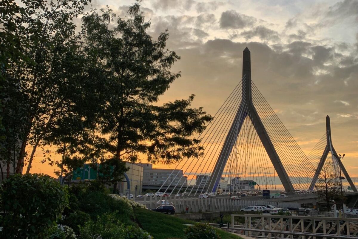 Sunset view of the Zakim Bridge in Boston, Massachusetts