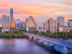 Skyline view of Austin, Texas, at sunset.