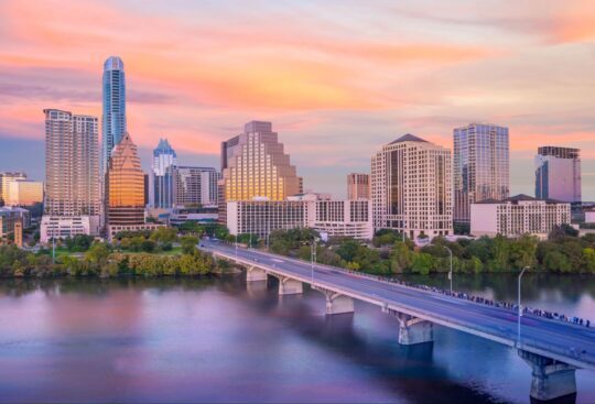 Skyline view of Austin, Texas, at sunset.