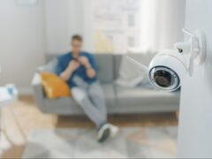 Man sits in his apartment with a security camera
