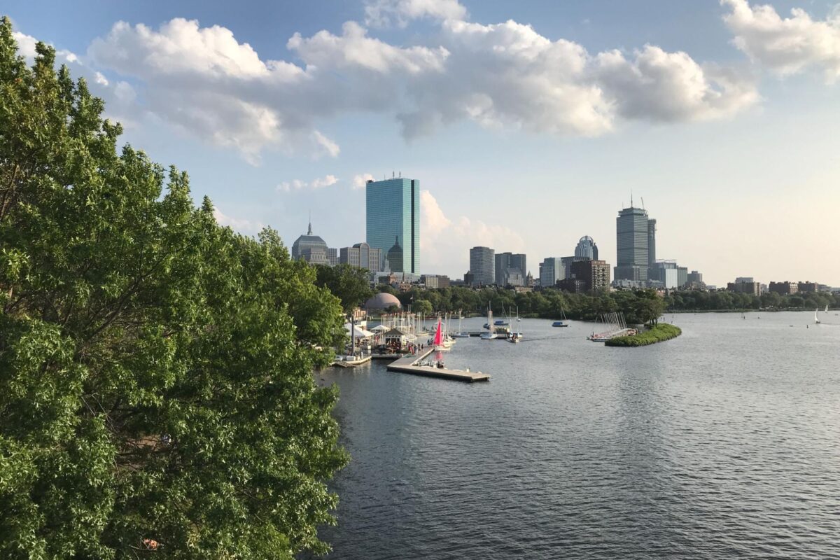 The skyline of Boston, Massachusetts, over the Charles River in the summer.