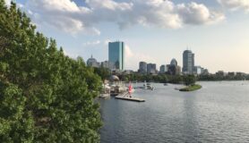 The skyline of Boston, Massachusetts, over the Charles River in the summer.