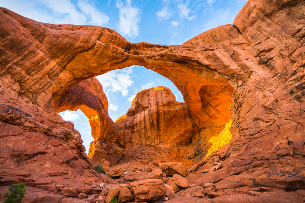 Double Arch in the evening, Arches National Park in Utah. 