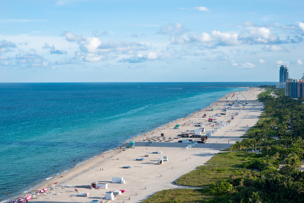 Miami Beach, Florida, sea coast and beach view from above at afternoon time, summer 2019