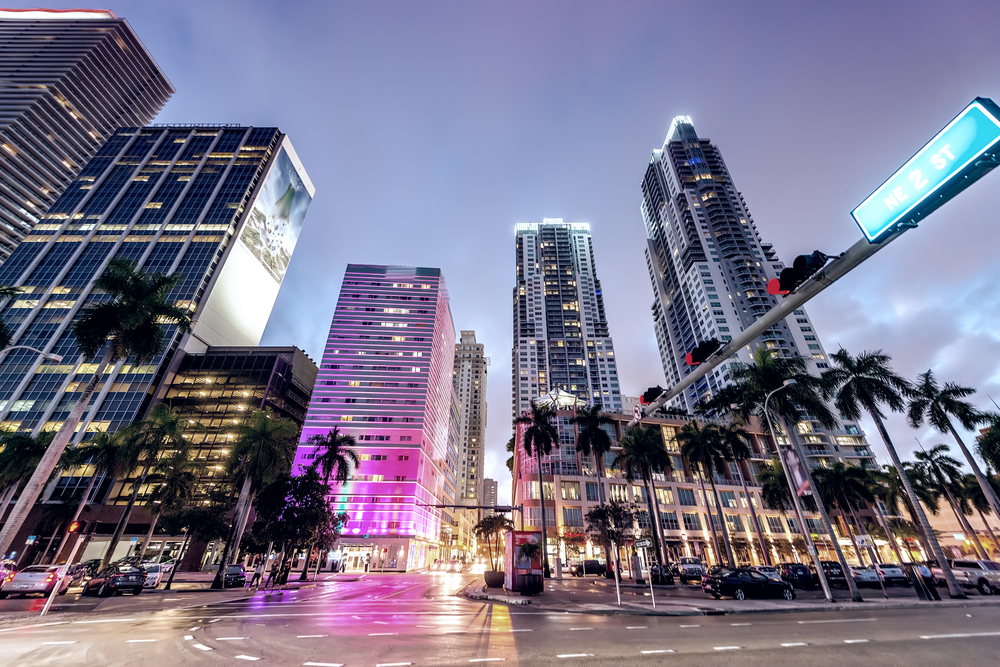 Streets and Buildings of Downtown Miami at night.