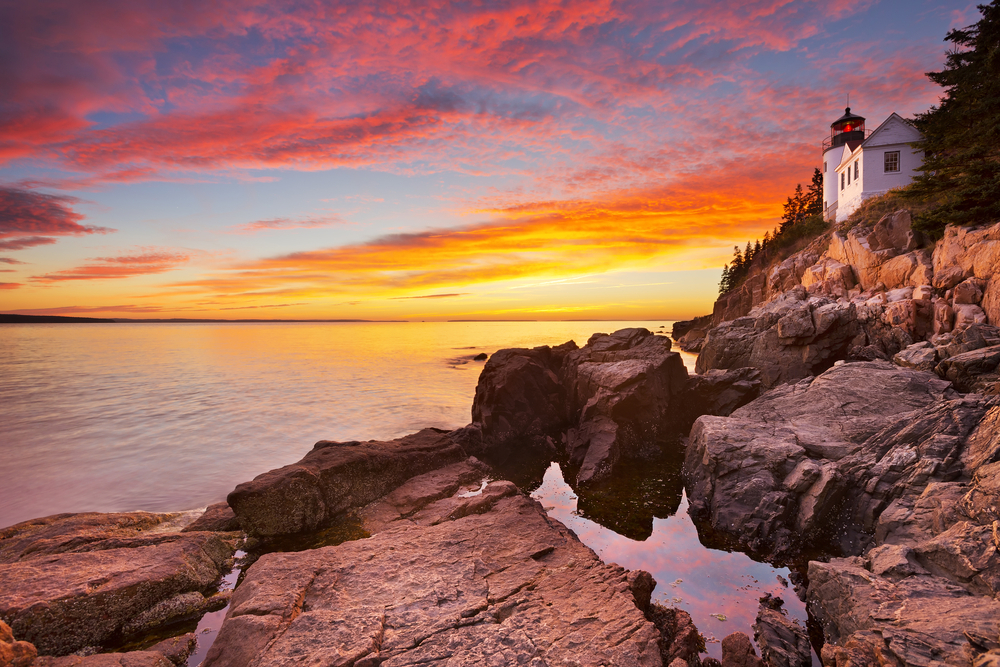 The Bass Harbor Head Lighthouse in Acadia National Park, Maine, USA. Photographed during a spectacular sunset.