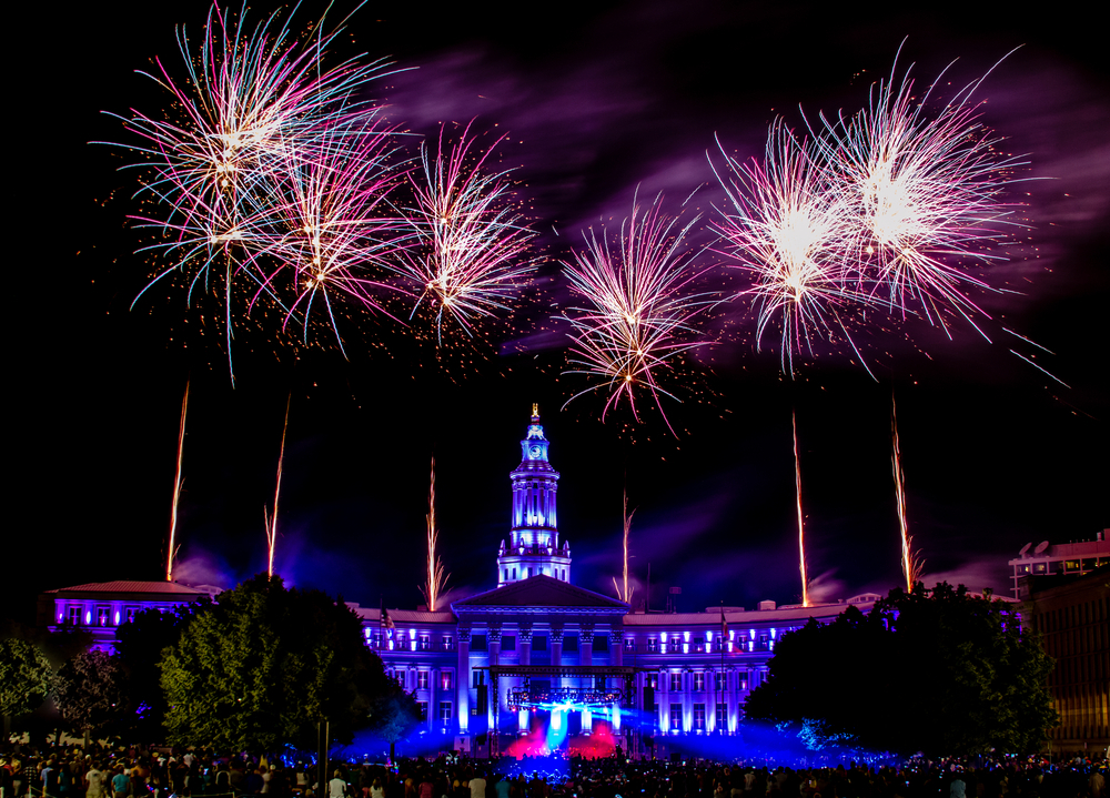 Independence Eve 4th of July Celebration Fireworks in Civic Center Park in downtown Denver, Colorado