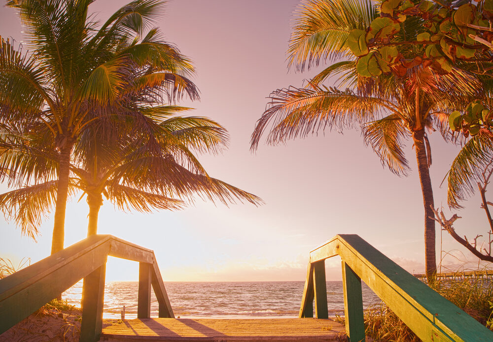 The sun rises over the Atlantic Ocean on one of the best quiet beaches in Miami