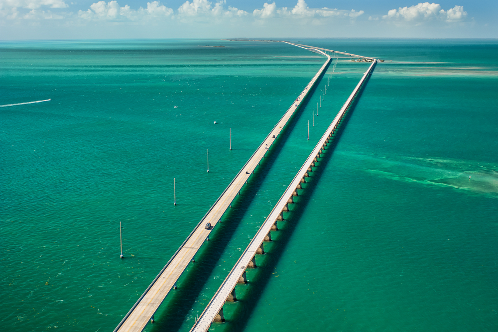 aerial view looking west along the seven mile bridge of US1 to the florida keys