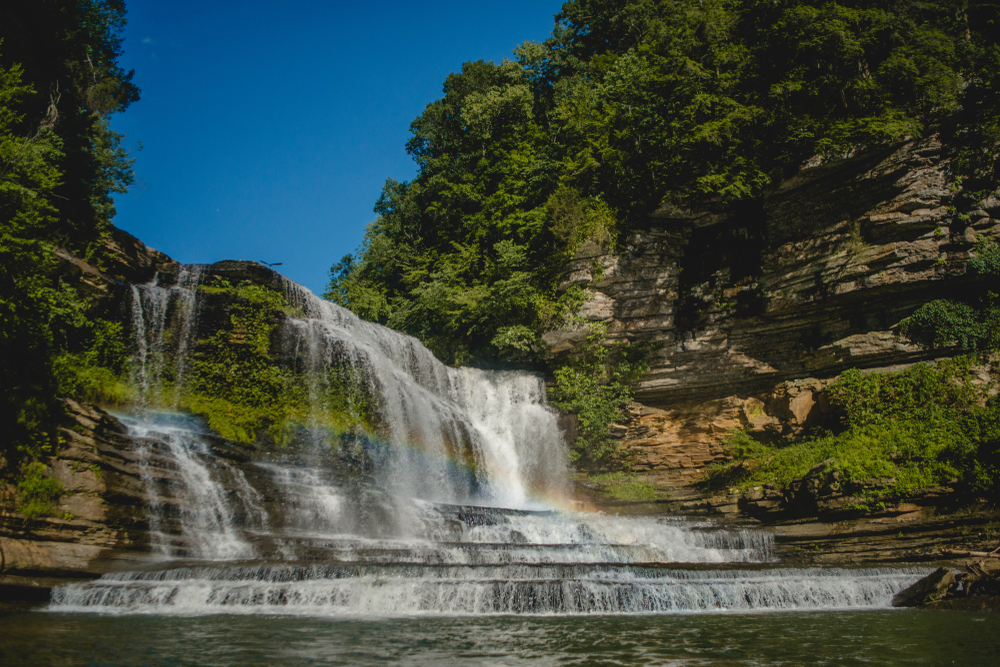A blue sky above a roaring waterfall in Tennessee