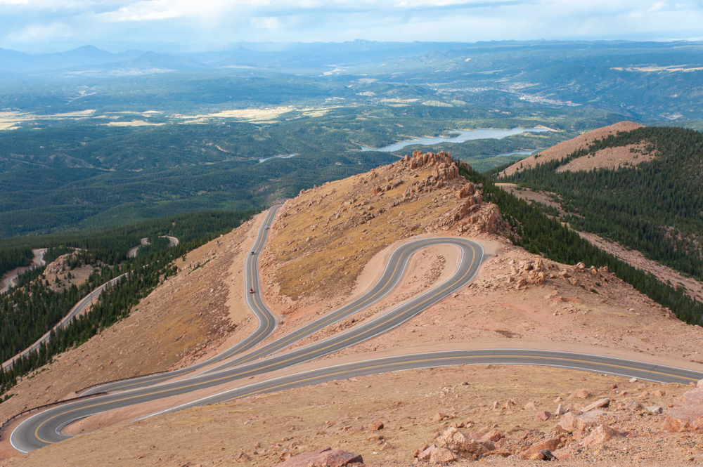 Hairpin turns on the Pikes Peak Highway, one of the many scenic drives near Denver.