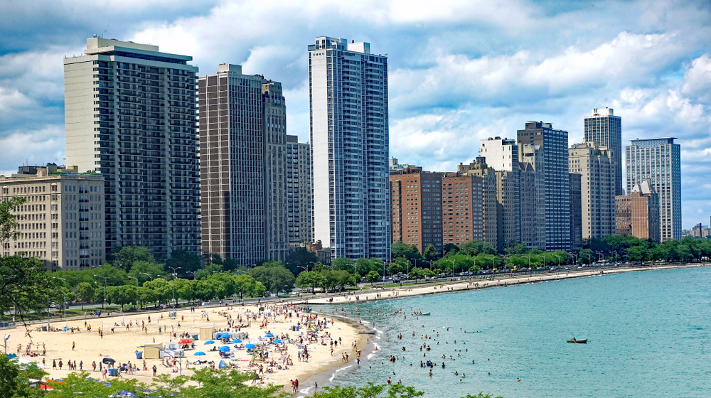 Aerial view of Oak Street Beach Park in downtown Chicago, on Lake Michigan.
