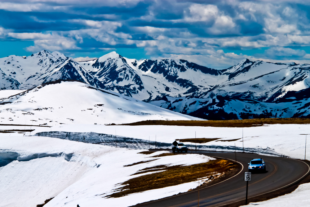 Beautiful view of trail ridge road and majestic snow capped mountains in rocky mountain national park colorado USA