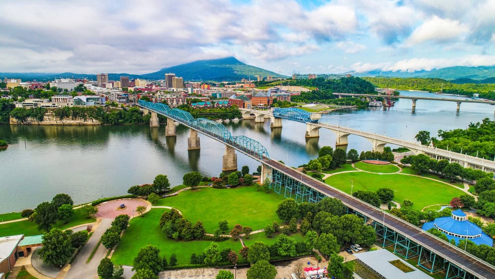 Drone Aerial of Downtown Chattanooga TN Skyline, Coolidge Park and Market Street Bridge. Drone Aerial of Downtown Chattanooga TN Skyline, Coolidge Park and Market Street Bridge.