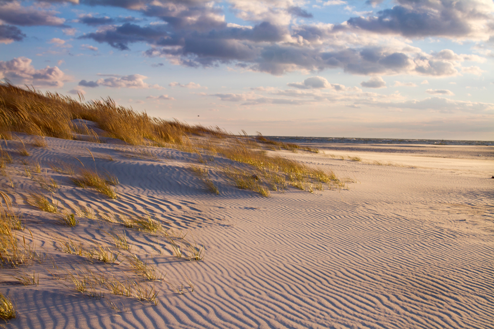 Far Rockaway beach, sand dunes on beach, empty beach during sundown, beautiful beach in nature at the Atlantic Ocean