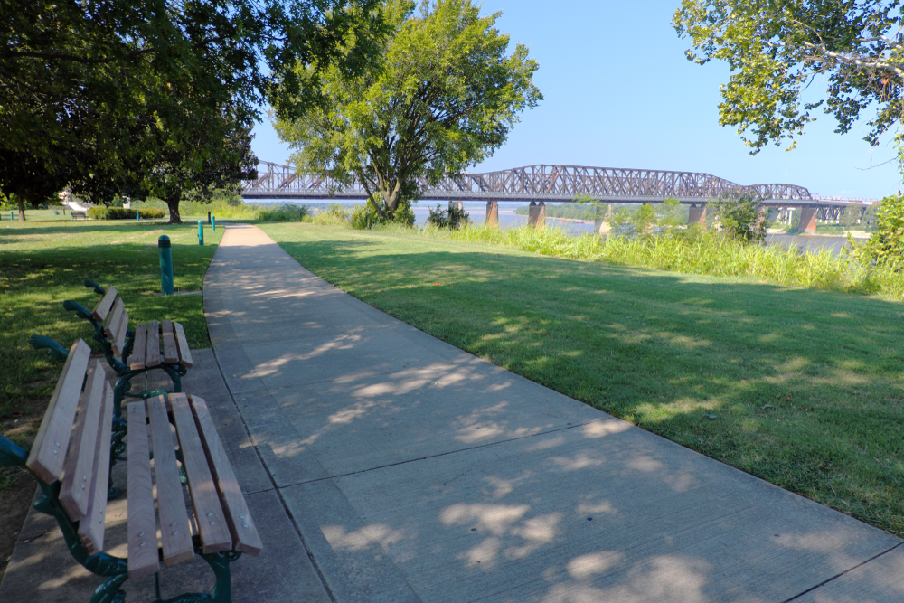 Public park near Harahan bridge, Big river crossing from Tennessee to Arkansas, Mississippi river, USA.
