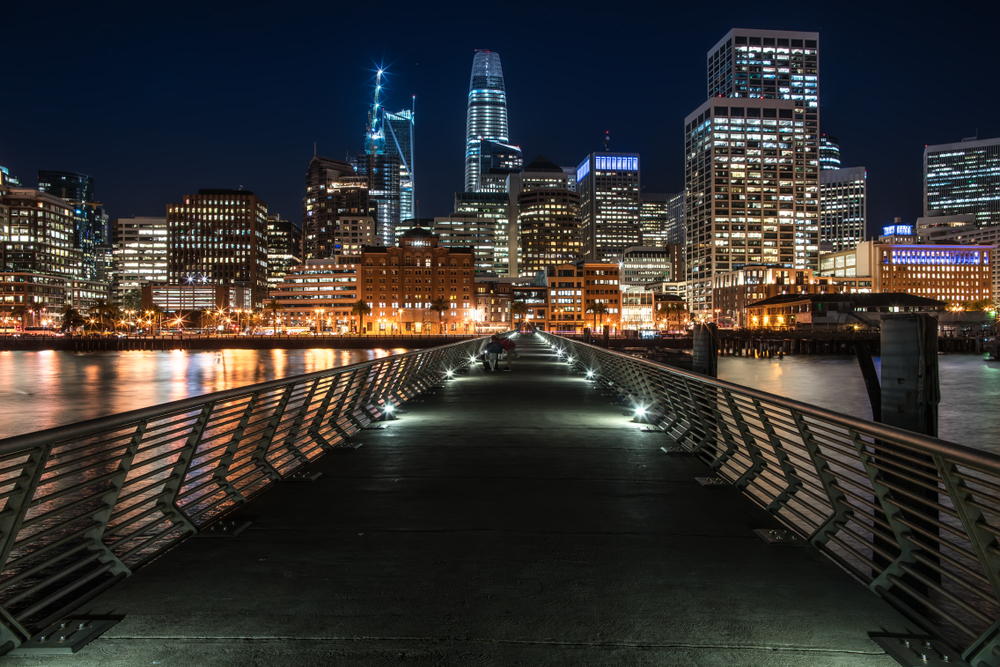 Wonderful night cityscape of illuminated San Francisco in California USA. Panoramic long exposure photo. Horizontal.