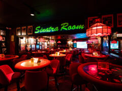 The dark red Sinatra Room at Johnny's Hideaway, one of the best clubs in Atlanta, Georgia.
