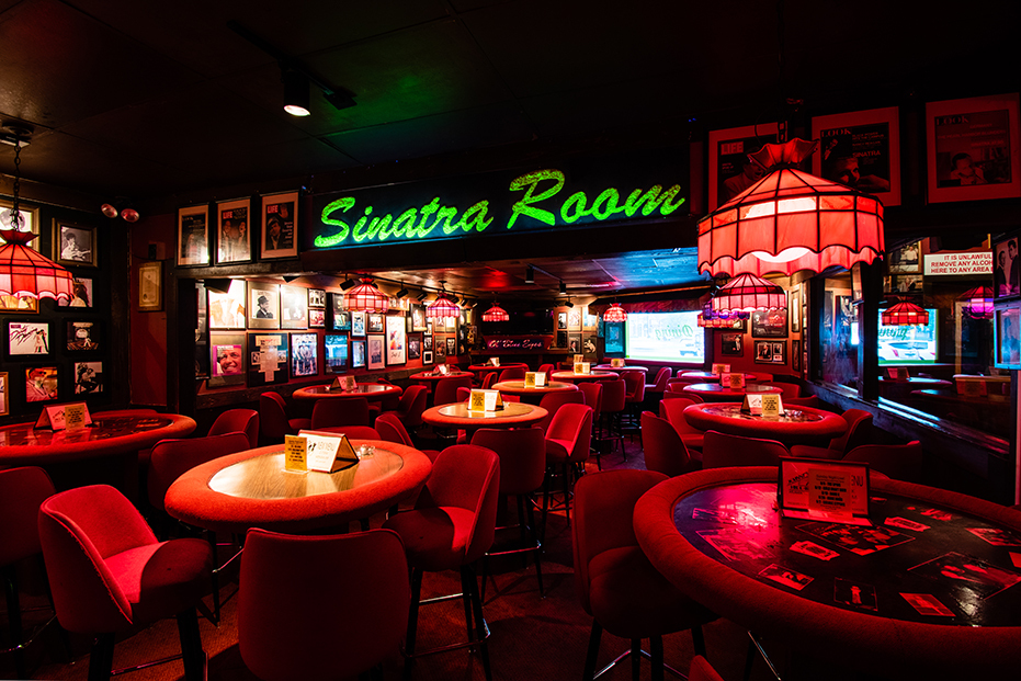 The dark red Sinatra Room at Johnny's Hideaway, one of the best clubs in Atlanta, Georgia.