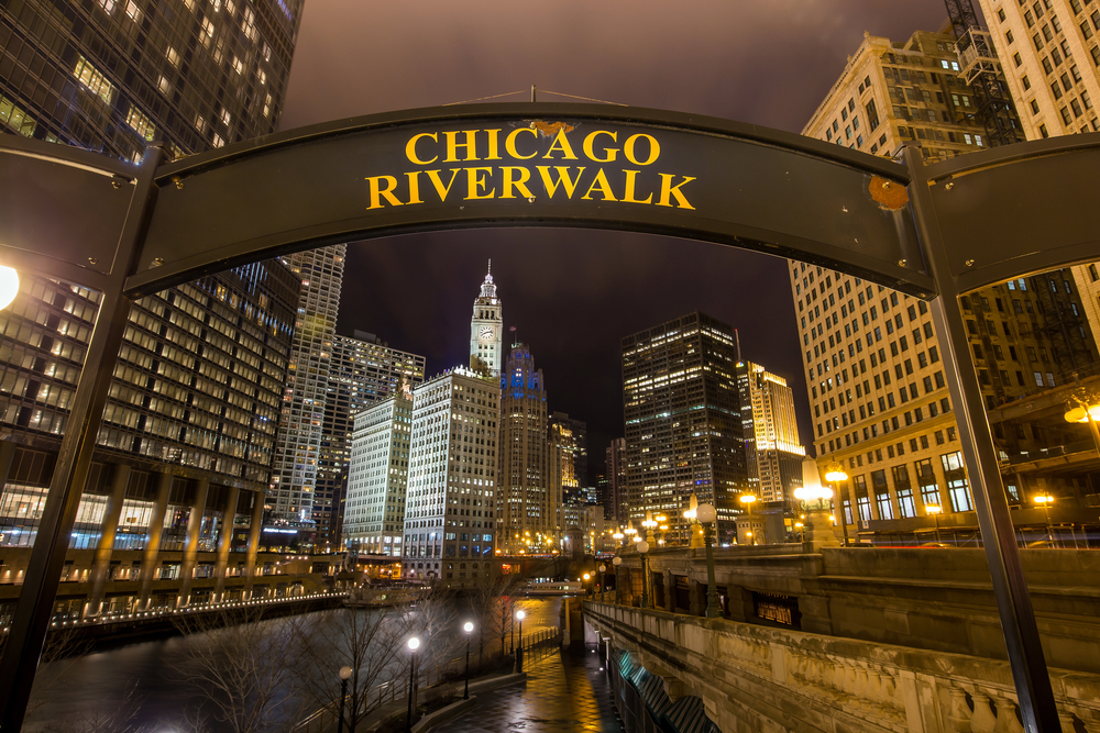 Chicago Riverwalk sign at twilight