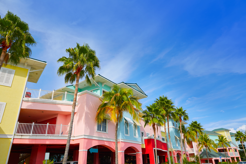 Florida Fort Myers colorful facades and palm trees in USA