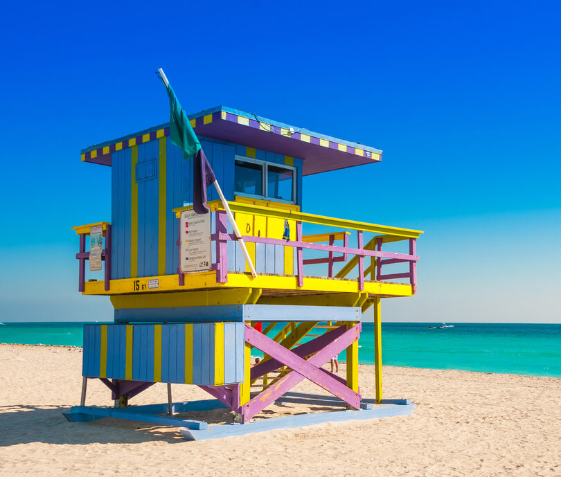 A lifeguard tower in South Beach, one of the best beaches in Miami.