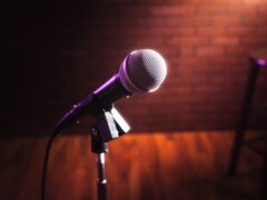 A microphone close-up at a comedy club in Atlanta, GA.