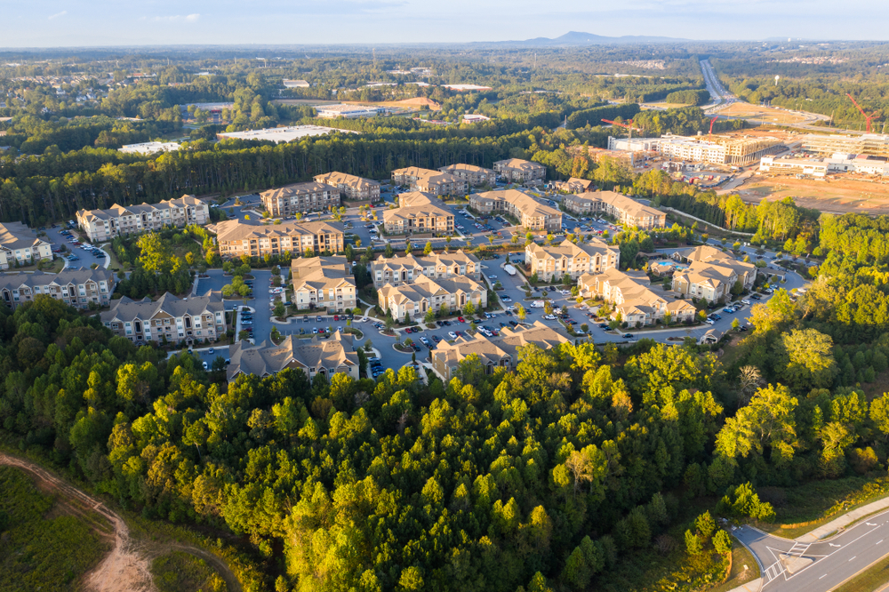 Aerial view of suburban communities in downtown alpharetta georgia