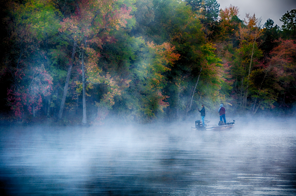 Bass fishermen on Lake Tillery in North Carolina, as the Fall fishing tournament begins.