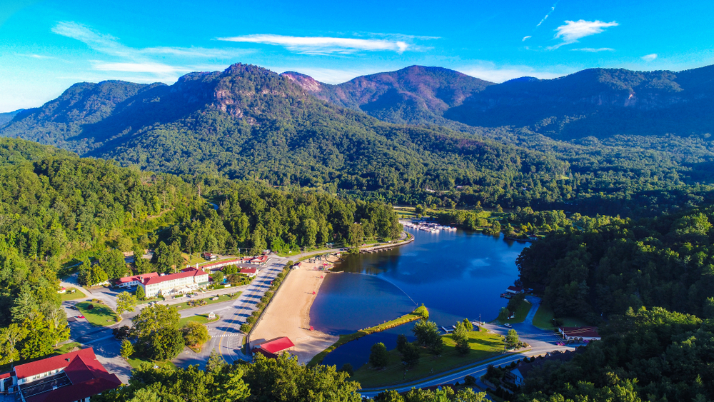 Drone Aerial of Lake Lure in North Carolina NC.