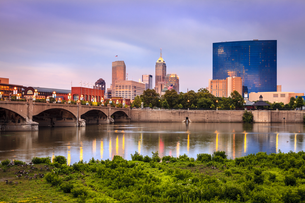 Indianapolis skyline and the White River at sunset